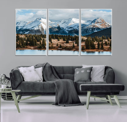 36247746-MGV-FC-60X30-3P_White-Snowy Peaks Wall Art Canvas Print, Framed Alpine Lake Art Picture Print, Pine Forest Perfect Alpine Wilderness Decor Artwork