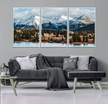 36247746-MGV-FC-60X30-3P_White-Snowy Peaks Wall Art Canvas Print, Framed Alpine Lake Art Picture Print, Pine Forest Perfect Alpine Wilderness Decor Artwork