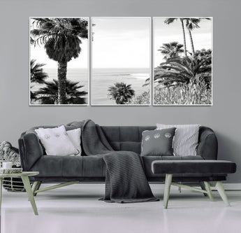 89458520-MGV-FC-60X30-3P_White-Palm Trees Wall Art Canvas Print, Framed Coastal View Art Picture Print, Ocean Horizon Perfect Monochrome Coast Decor Artwork