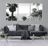 89458520-MGV-FC-60X30-3P_White-Palm Trees Wall Art Canvas Print, Framed Coastal View Art Picture Print, Ocean Horizon Perfect Monochrome Coast Decor Artwork