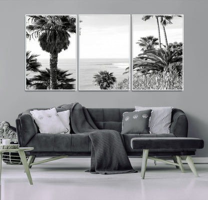 89458520-MGV-FC-60X30-3P_White-Palm Trees Wall Art Canvas Print, Framed Coastal View Art Picture Print, Ocean Horizon Perfect Monochrome Coast Decor Artwork
