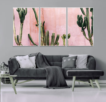 93119502-MGV-FC-60X30-3P_White-Tall Cactus Wall Art Canvas Print, Framed Pink Wall Art Picture Print, Cactus Lines Perfect Modern Desert Decor Artwork