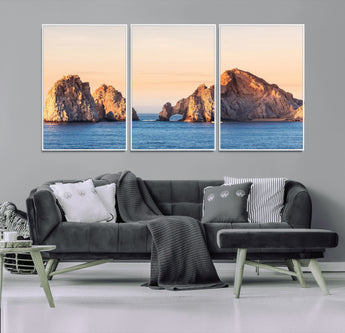 72996116-MGV-FC-60X30-3P_White-El Arco Wall Art Canvas Print, Framed Cabo Rocks Art Picture Print, Ocean Arch Perfect Golden Coastal Landmark Decor Artwork