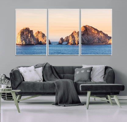 72996116-MGV-FC-60X30-3P_White-El Arco Wall Art Canvas Print, Framed Cabo Rocks Art Picture Print, Ocean Arch Perfect Golden Coastal Landmark Decor Artwork
