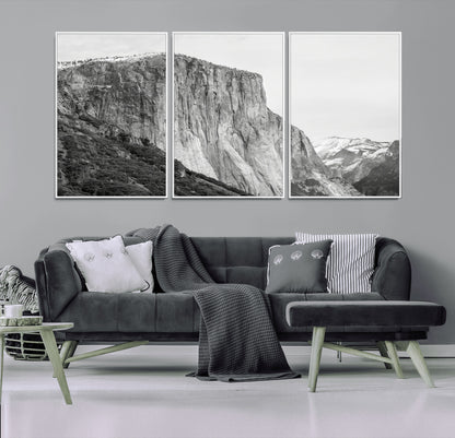 39393420-MGV-FC-60X30-3P_White-El Capitan Wall Art Canvas Print, Framed Yosemite Cliff Art Picture Print, Monochrome Mountain Perfect Monochrome Sierra Decor