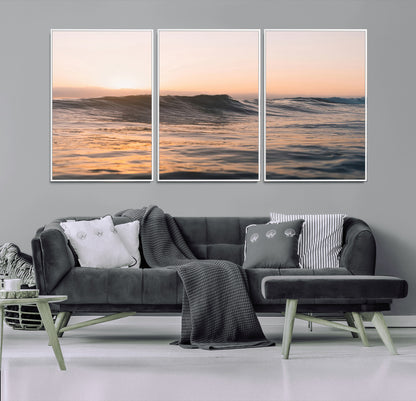 46299358-MGV-CV-36X24-Sunset Waves Wall Art Canvas Print, Framed Ocean Horizon Art Picture Print, Golden Water Perfect Golden Hour Coastal Decor Artwork
