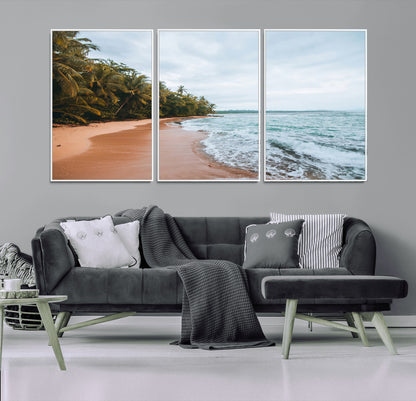 88125882-MGV-FC-60X30-3P_White-Tropical Shoreline Wall Art Canvas Print, Framed Palm Trees Art Picture Print, Tropical Ocean Perfect Tropical Coastal Decor