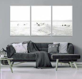 33449548-MGV-FC-60X30-3P_White-Group Surfers Wall Art Canvas Print, Framed Ocean Wave Art Picture Print, Surf Crowd Perfect Monochrome Surf Decor Artwork