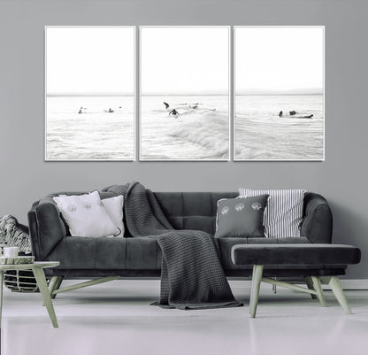 33449548-MGV-CV-36X24-Group Surfers Wall Art Canvas Print, Framed Ocean Wave Art Picture Print, Surf Crowd Perfect Monochrome Surf Decor Artwork