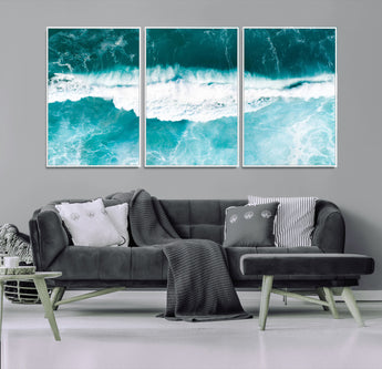 23828594-MGV-FC-60X30-3P_White-Aerial Waves Wall Art Canvas Print, Framed Ocean Break Art Picture Print, Sea Foam Perfect Tropical Coastal Decor Artwork