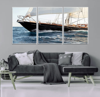 97168626-MGV-FC-60X30-3P_White-Sailing Yacht Wall Art Canvas Print, Framed Wooden Yacht Art Picture Print, Ocean Waves Perfect Nautical Coastal Decor Artwork