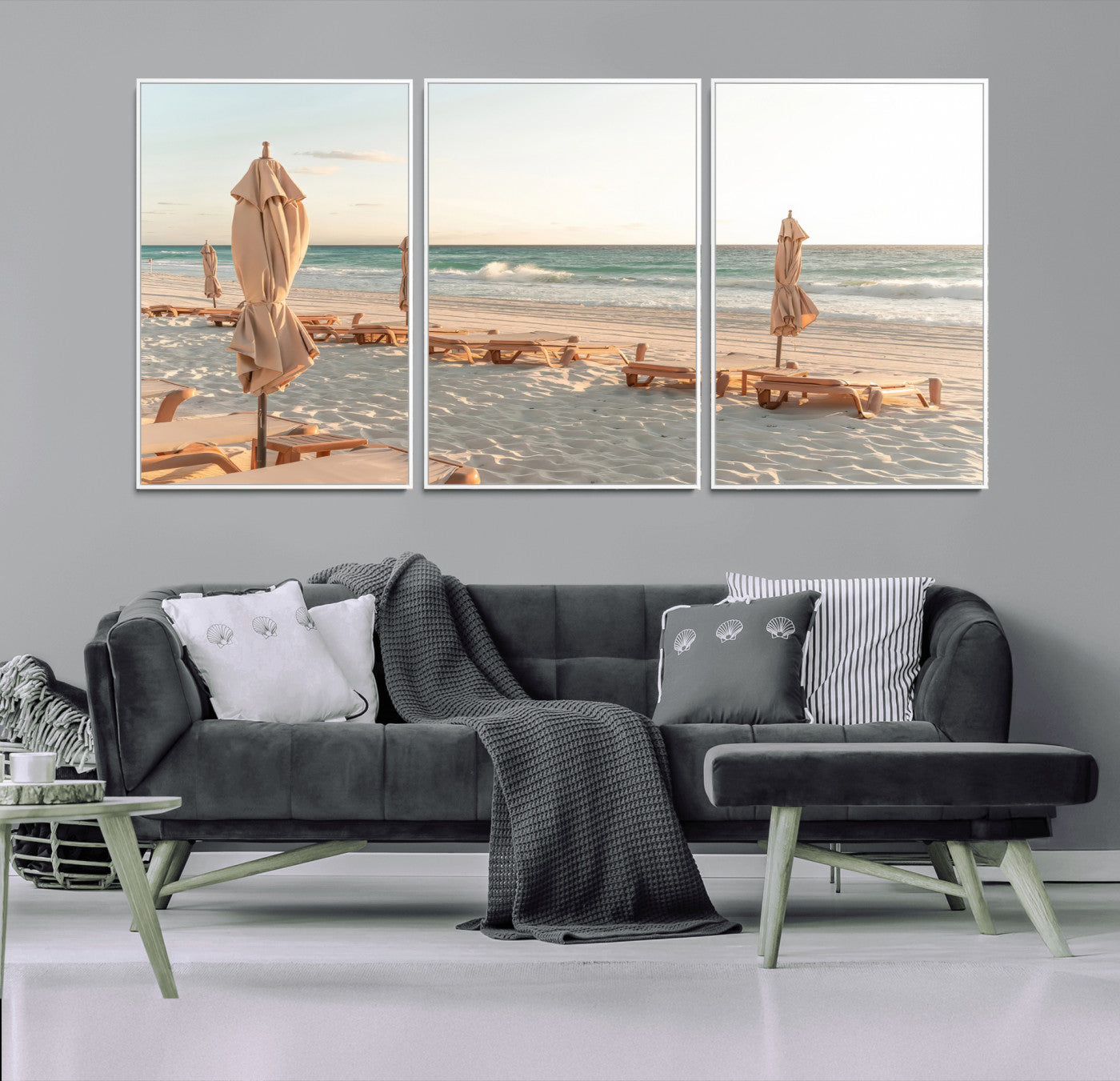58507949-MGV-CV-36X24-Beach Umbrellas Wall Art Canvas Print, Framed Empty Loungers Art Picture Print, Soft Sand Perfect Minimalist Seaside Decor Artwork