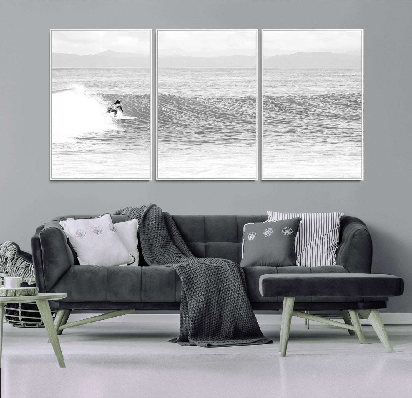 81535128-MGV-FC-60X30-3P_White-Surfer Woman Wall Art Canvas Print, Framed Black Ocean Art Picture Print, Ocean Surfing Perfect Monochrome Coastal Decor Artwork