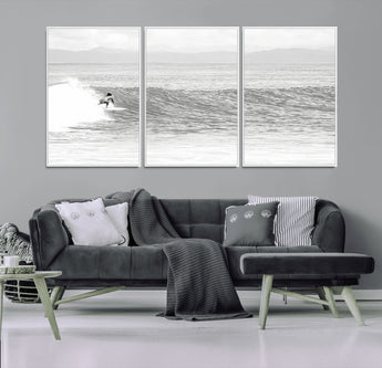 81535128-MGV-FC-60X30-3P_White-Surfer Woman Wall Art Canvas Print, Framed Black Ocean Art Picture Print, Ocean Surfing Perfect Monochrome Coastal Decor Artwork