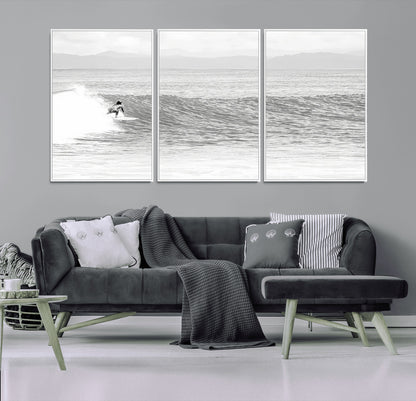 81535128-MGV-FC-60X30-3P_White-Surfer Woman Wall Art Canvas Print, Framed Black Ocean Art Picture Print, Ocean Surfing Perfect Monochrome Coastal Decor Artwork