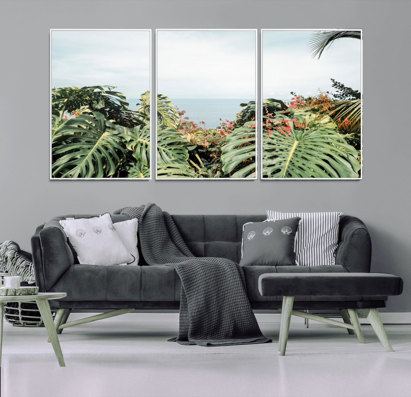 45700479-MGV-FC-60X30-3P_White-Monstera Leaves Wall Art Canvas Print, Framed Tropical Ocean Art Picture Print, Tropical Foliage Perfect Tropical Coastal Jungle