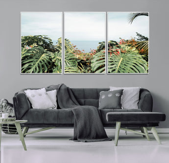 45700479-MGV-FC-60X30-3P_White-Monstera Leaves Wall Art Canvas Print, Framed Tropical Ocean Art Picture Print, Tropical Foliage Perfect Tropical Coastal Jungle