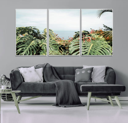 45700479-MGV-FC-60X30-3P_White-Monstera Leaves Wall Art Canvas Print, Framed Tropical Ocean Art Picture Print, Tropical Foliage Perfect Tropical Coastal Jungle