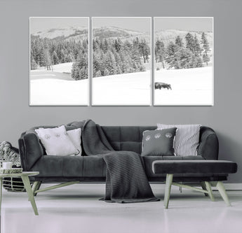 68081143-MGV-FC-60X30-3P_White-Snowy Bison Wall Art Canvas Print, Framed Winter Forest Art Picture Print, Lone Bison Perfect Monochrome Winter Wild Decor Artwork
