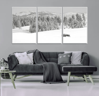 68081143-MGV-CV-36X24-Snowy Bison Wall Art Canvas Print, Framed Winter Forest Art Picture Print, Lone Bison Perfect Monochrome Winter Wild Decor Artwork