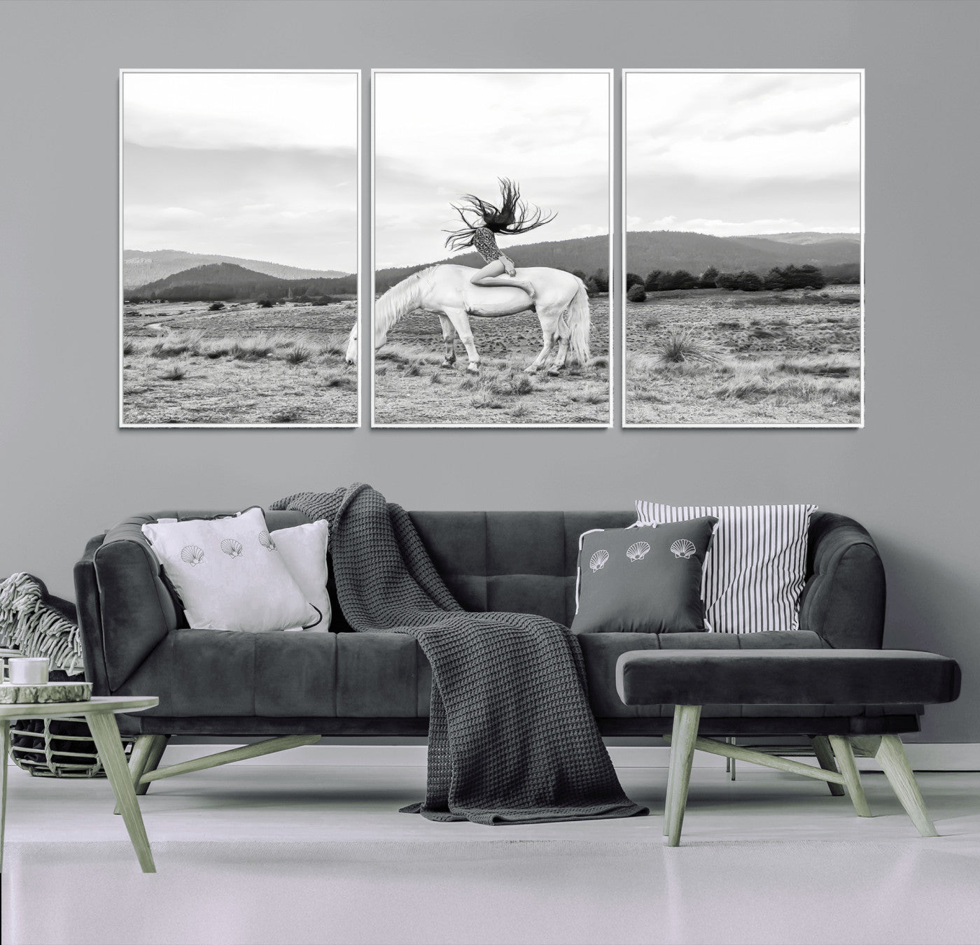 62789800-MGV-FC-60X30-3P_White-White Horse Wall Art Canvas Print, Framed Woman Rider Art Picture Print, Equestrian Pose Perfect Western Boho Decor Artwork