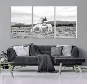 62789800-MGV-CV-36X24-White Horse Wall Art Canvas Print, Framed Woman Rider Art Picture Print, Equestrian Pose Perfect Western Boho Decor Artwork