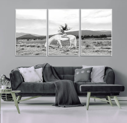 62789800-MGV-CV-36X24-White Horse Wall Art Canvas Print, Framed Woman Rider Art Picture Print, Equestrian Pose Perfect Western Boho Decor Artwork
