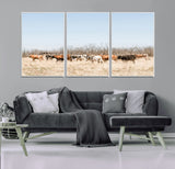 16563092-MGV-FC-60X30-3P_White-Texas Longhorns Wall Art Canvas Print, Framed Western Cattles Art Picture Print, Rustic Herd Perfect Rustic Farmhouse Decor