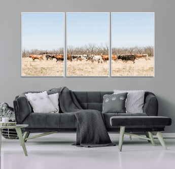 16563092-MGV-FC-60X30-3P_White-Texas Longhorns Wall Art Canvas Print, Framed Western Cattles Art Picture Print, Rustic Herd Perfect Rustic Farmhouse Decor