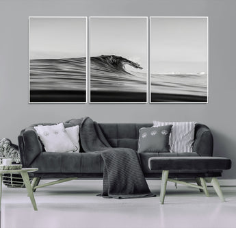 24029476-MGV-CV-36X24-Black Wave Wall Art Canvas Print, Framed Abstract Surf Art Picture Print, Minimalist Ocean Perfect Minimalist Coastal Decor