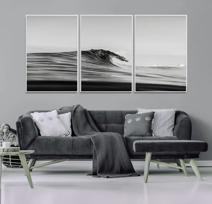 24029476-MGV-CV-36X24-Black Wave Wall Art Canvas Print, Framed Abstract Surf Art Picture Print, Minimalist Ocean Perfect Minimalist Coastal Decor