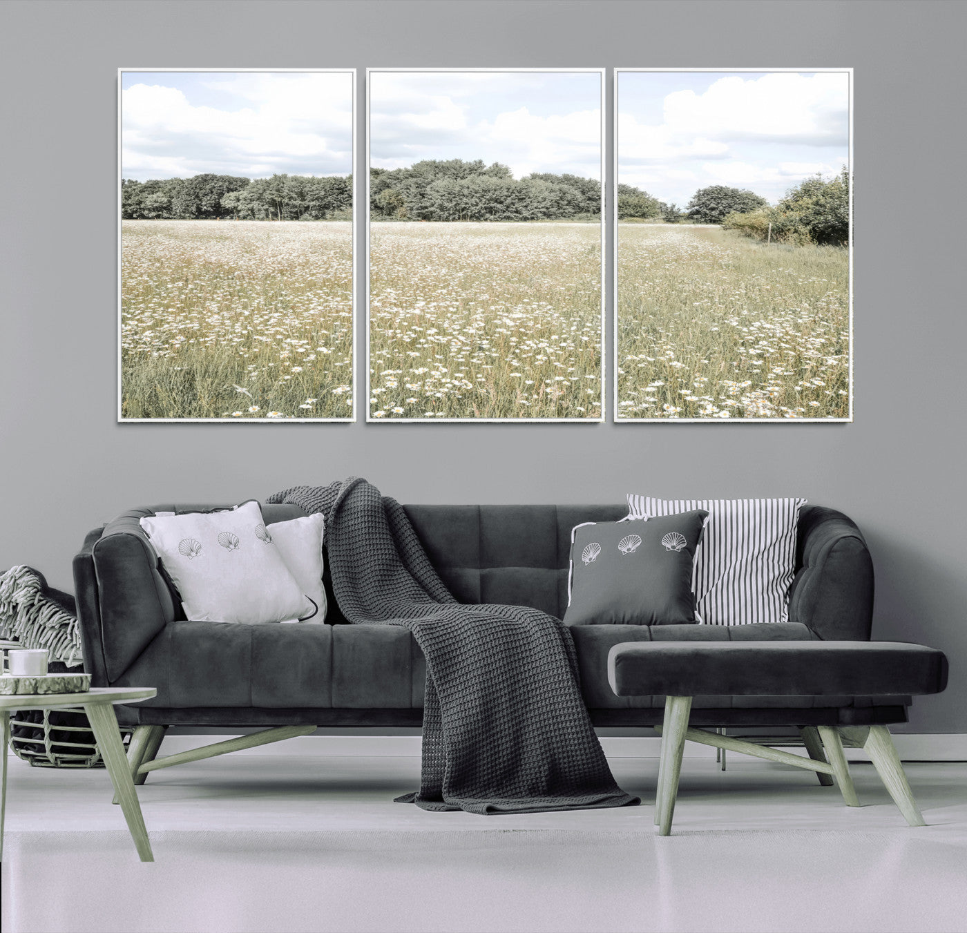 43258946-MGV-FC-60X30-3P_White-Daisy Field Wall Art Canvas Print, Framed Pastel Flower Art Picture Print, Meadow Bloom Perfect Scandinavian Minimalist Decor