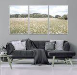 43258946-MGV-FC-60X30-3P_White-Daisy Field Wall Art Canvas Print, Framed Pastel Flower Art Picture Print, Meadow Bloom Perfect Scandinavian Minimalist Decor
