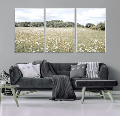 43258946-MGV-FC-60X30-3P_White-Daisy Field Wall Art Canvas Print, Framed Pastel Flower Art Picture Print, Meadow Bloom Perfect Scandinavian Minimalist Decor