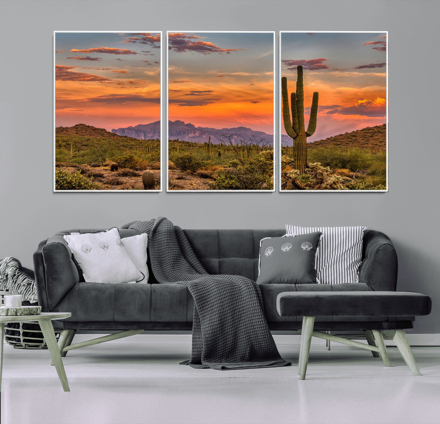 25332783-MGV-FC-60X30-3P_White-Saguaro Cactus Wall Art Canvas Print, Framed Arizona Sunset Art Picture Print, Sonoran Desert Perfect Southwestern Boho Decor