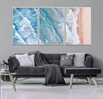 17641845-MGV-FC-60X30-3P_White-Aerial Ocean Wall Art Canvas Print, Framed Blue Waves Art Picture Print, Sandy Shoreline Perfect Modern Coastal Decor Artwork