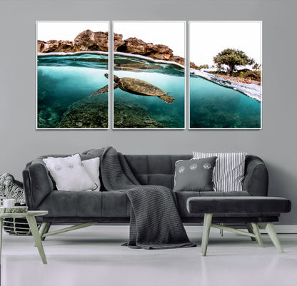 44200301-MGV-CV-36X24-Sea Turtle Swim Wall Art Canvas Print, Framed Ocean Life Art Picture Print, Tropical Shoreline Perfect Tropical Coastal Decor