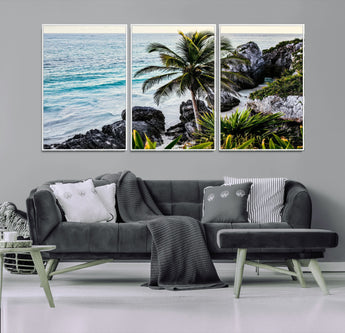 94669907-MGV-FC-60X30-3P_White-Tropical Coastline Wall Art Canvas Print, Framed Palm Tree Art Picture Print, Rocky Beach Perfect Tropical Coastal Decor Artwork