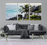 94669907-MGV-CV-36X24-Tropical Coastline Wall Art Canvas Print, Framed Palm Tree Art Picture Print, Rocky Beach Perfect Tropical Coastal Decor Artwork
