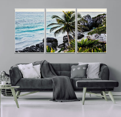 94669907-MGV-CV-36X24-Tropical Coastline Wall Art Canvas Print, Framed Palm Tree Art Picture Print, Rocky Beach Perfect Tropical Coastal Decor Artwork
