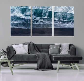 87941475-MGV-FC-60X30-3P_White-Black Beach Wall Art Canvas Print, Framed Aerial Ocean Art Picture Print, Moody Coastal Perfect Modern Coastal Decor Artwork