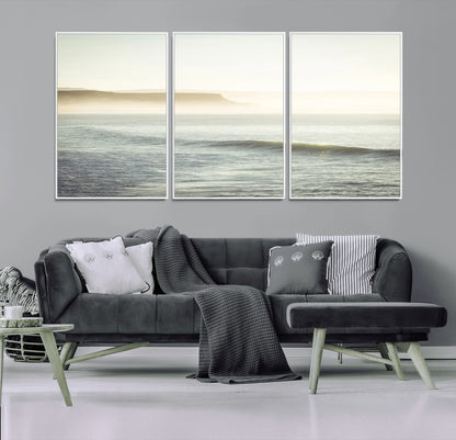 39310633-MGV-FC-60X30-3P_White-Coastal Cliffs Wall Art Canvas Print, Framed Misty Ocean Art Picture Print, Morning Light Perfect Minimalistic Coastal Decor