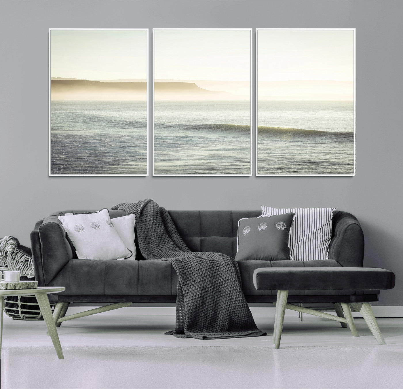 39310633-MGV-FC-60X30-3P_White-Coastal Cliffs Wall Art Canvas Print, Framed Misty Ocean Art Picture Print, Morning Light Perfect Minimalistic Coastal Decor