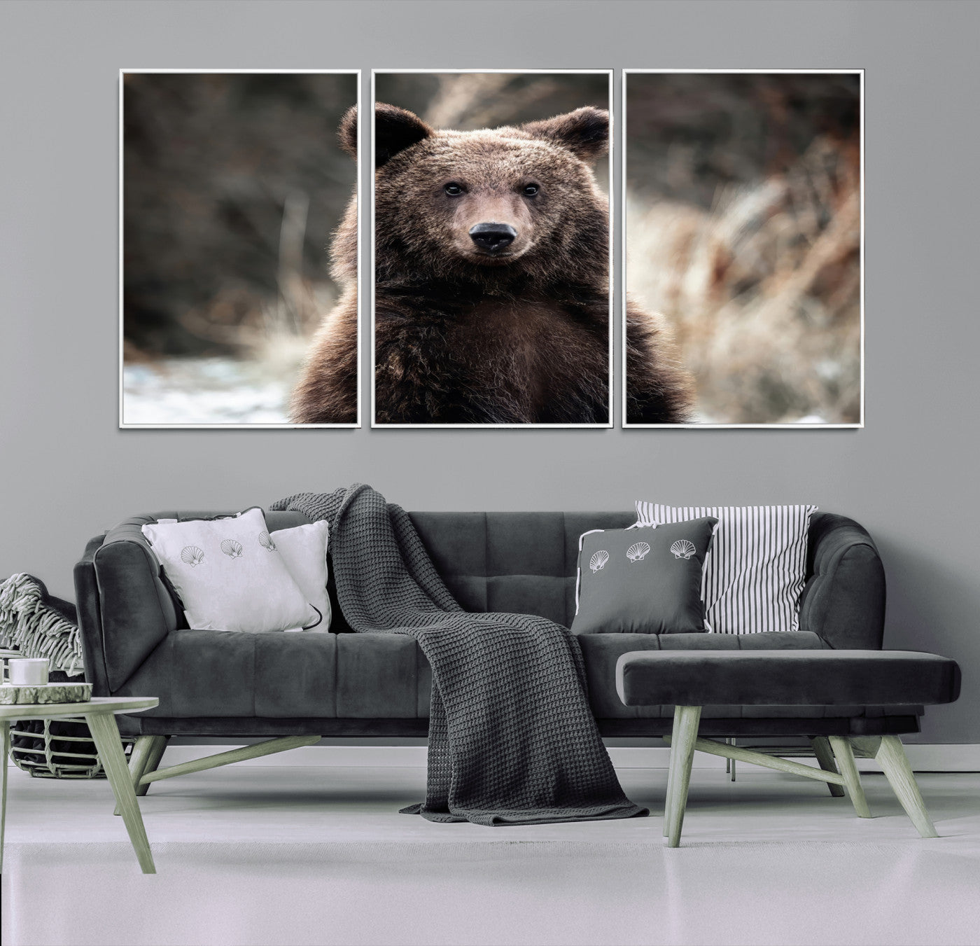 47112103-MGV-FC-60X30-3P_White-Brown Bear Wall Art Canvas Print, Framed Forest Wildlife Art Picture Print, Woodland Bear Perfect Rustic Cabin Decor Artwork