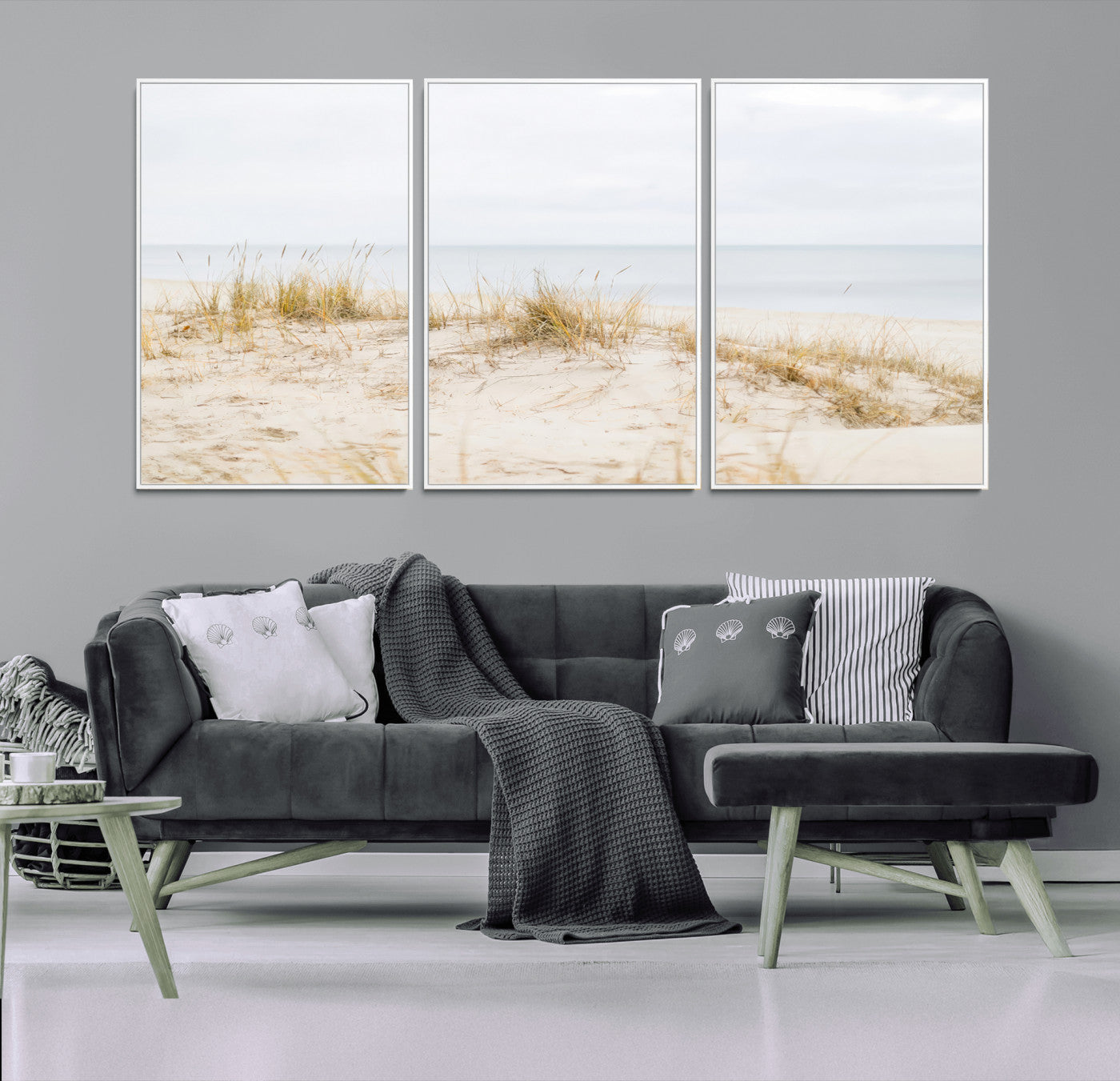 13146857-MGV-FC-60X30-3P_White-Beach Dunes Wall Art Canvas Print, Framed Soft Horizon Art Picture Print, Coastal Grass Perfect Minimalist Coastal Decor Artwork