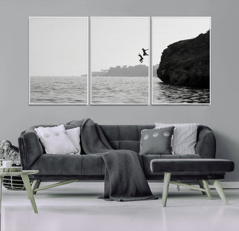 52284302-MGV-FC-60X30-3P_White-Cliff Jumping Wall Art Canvas Print, Framed Ocean Adventure Art Picture Print, Black White Coast Perfect Modern Coastal Decor