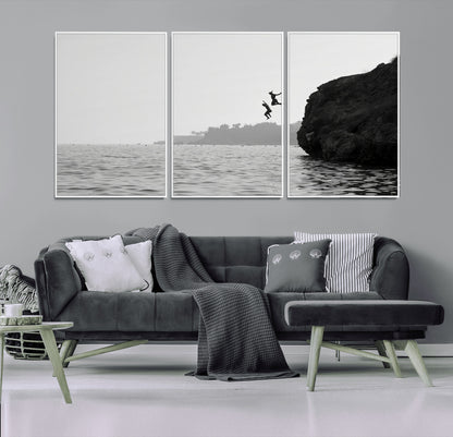 52284302-MGV-FC-60X30-3P_White-Cliff Jumping Wall Art Canvas Print, Framed Ocean Adventure Art Picture Print, Black White Coast Perfect Modern Coastal Decor