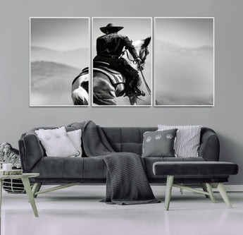 83102464-MGV-CV-36X24-Western Cowboy Wall Art Canvas Print, Framed Monochrome Horse Art Picture Print, Western Equestrian Perfect Rustic Western Decor