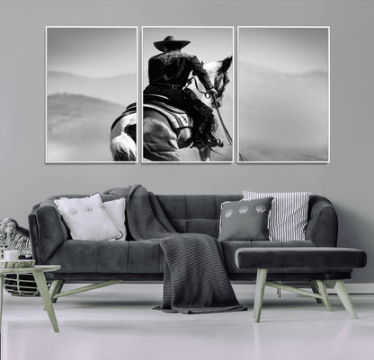 83102464-MGV-CV-36X24-Western Cowboy Wall Art Canvas Print, Framed Monochrome Horse Art Picture Print, Western Equestrian Perfect Rustic Western Decor