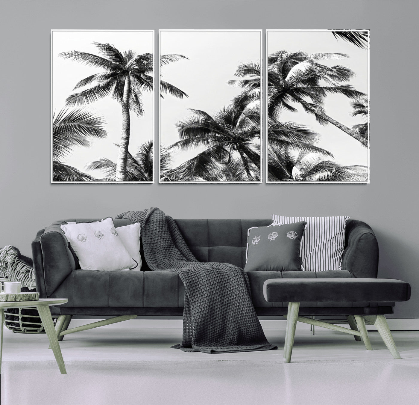 46641801-MGV-FC-60X30-3P_White-Palm Tree Wall Art Canvas Print, Framed Black White Tropics Art Picture Print, Monochrome Palms Perfect Modern Tropical Minimalist
